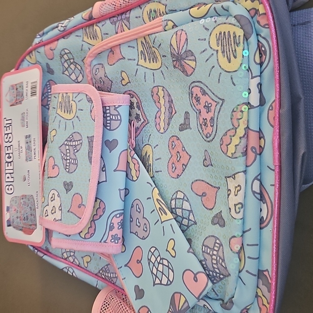 Colorful Sequined Hearts 6-Piece Backpack Set - Picture 6 of 8